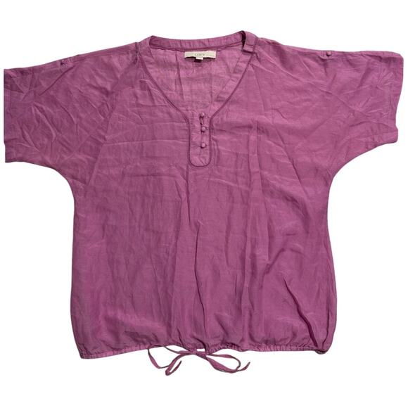 Ann Taylor Loft Blouse Lightweight Gauzy Cotton Silk Womens SP Pink Drawstring - Picture 1 of 8